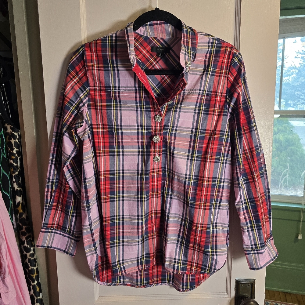 J. Crew Pink And Red Plaid Rhinestone Top Size 0 - Picture 2 of 6